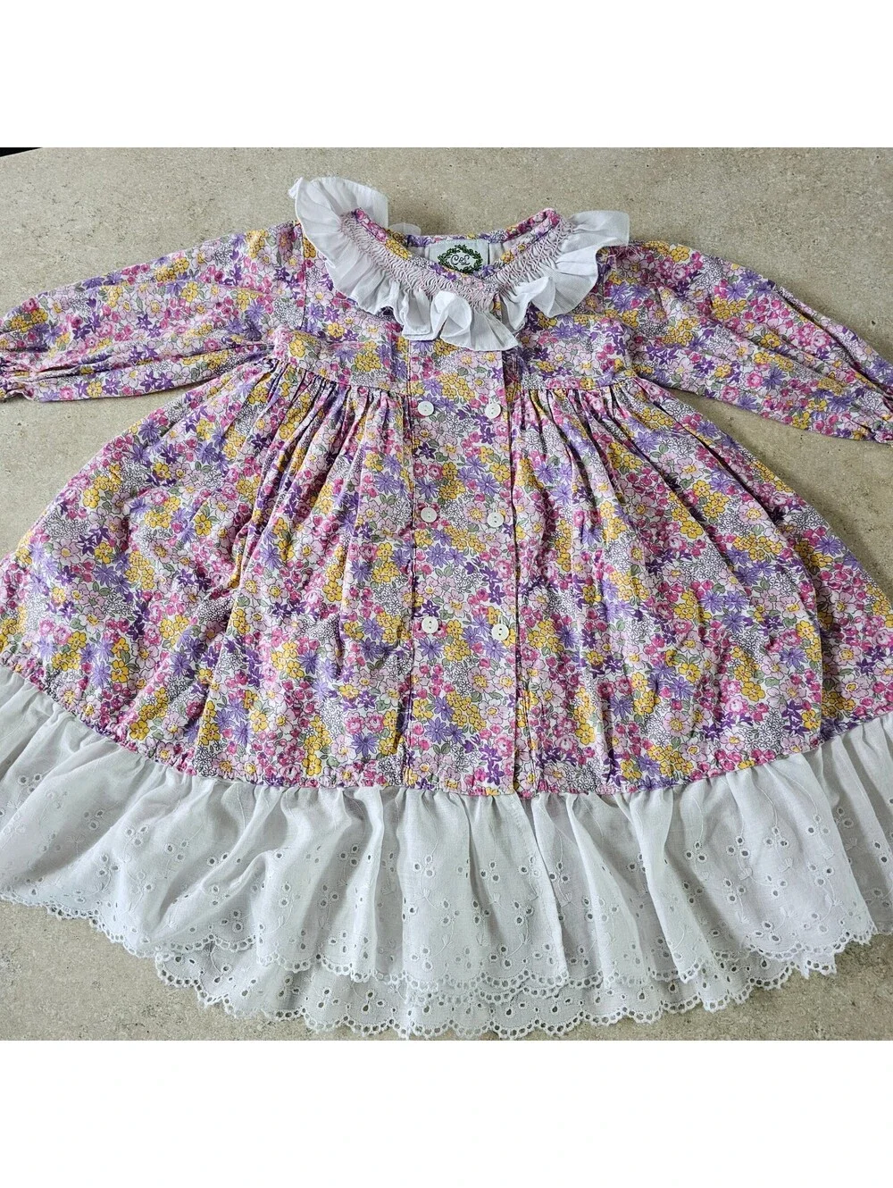 Vintage Floral Long Sleeve Dress Eyelet Hem for Kids 18 M